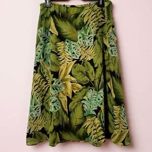 US8🍀Dana Buchman Silk Green Leaf-Print A-Line Skirt